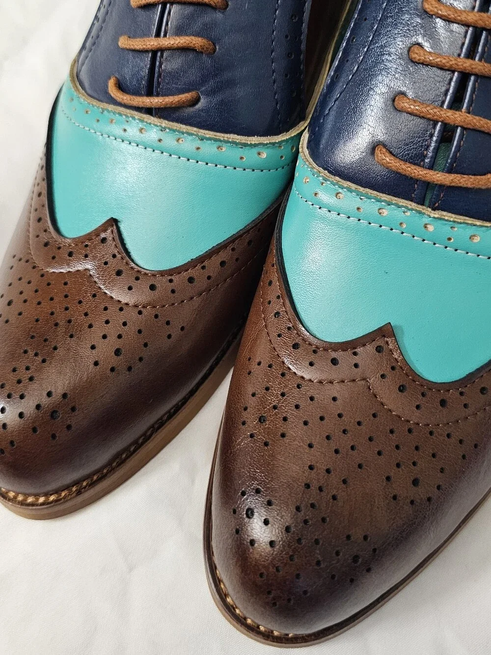 Unique Tri-Tone Faux Leather Lace Up Brogue Oxford Shoes Wingtip Loafers NEW
